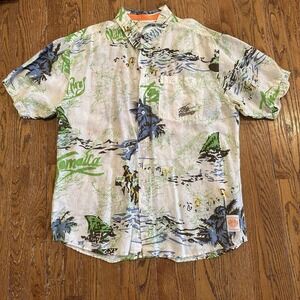 Vintage Live Mechanics Hawaiian‎ Shirt Mens 2XL Linen Embroidered All Over Map